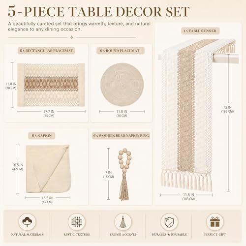 6 Sets Boho Table Runner Placemats Napkins Rings for Dining Table Decor - Image 2