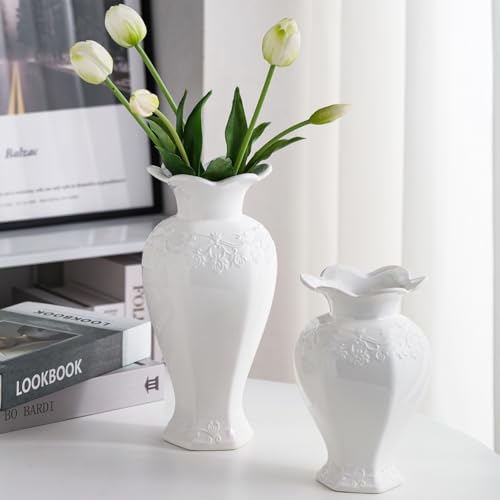 Relievo Elegant White Cream 8in 11in Ceramic Flower Tall Aesthetic Beige Table Tulip Wide Mouth Rose Filler Decorative Rustic Vase Decor for Home (Cream Vase, L) - Image 5