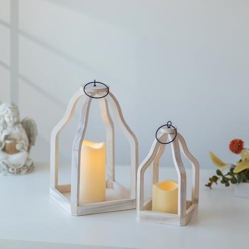 Romadedi Wooden Lantern Set of 2, 8.7" & 11.5" Tall, Whitewashed - Image 3