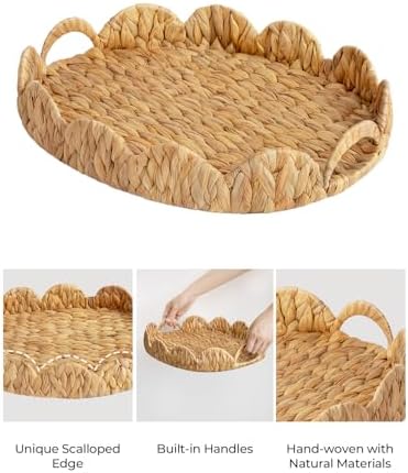 StorageWorks Elliptical Wicker Scalloped Tray, Water Hyacinth Rattan Trays - Image 3