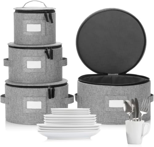 Stack Store Plus More Set of 4 China Storage Cases for Dinnerware - Hard Shell and Stackable - Sizes: 12" - 10" - 8.5" and 7" W - 48 Plate Separators Included by Stozu