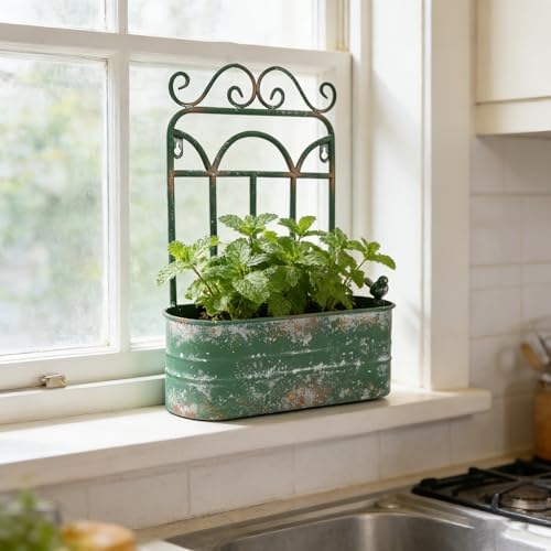 Vintage Rustic Wall Planter Distressed Green Decor Metal Hanging Plant Basket Shabby Iron Wall Mounted Flower Holder Pot Stand for Indoor Outdoor Home Balcony Patio Farmhouse Garden Decorative - Image 2
