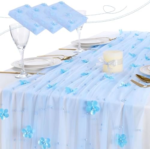 3 Pack Baby Blue Floral Pearl Tulle Tablecloths 10ft Sheer Table Linens - Image 3