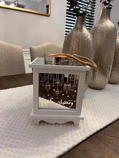 Ramadan Kareem Wooden Mirrored Lantern - Unique Eid Festive Decoration for Home Warm, Inviting Ambiance Muslim Allah New Year (9x7 Inches, Battery Operated), Large - Image 6