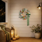 20 Inch Pre-Lit Pumpkin Fall Wreath with Velvet Bow for Front Door - Image 3