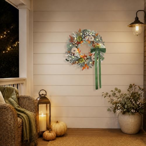 20 Inch Pre-Lit Pumpkin Fall Wreath with Velvet Bow for Front Door - Image 3