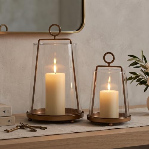 Brass T-Shape Glass Cloche Candle Holder Set of 2, Clear Hurricane Candle Lantern with Ring Handle, Decorative Bell Jar Candle Cover for Pillar Candles, Table Centerpiece Home Decor by Unknown