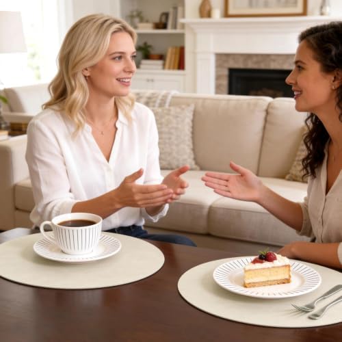 MOSAYT Vinyl Faux Leather Round Placemats Set of 6, 13 Inch, Beige - Image 2