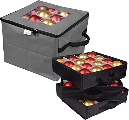 ProPik Holiday Ornament Storage Box Organizer Chest, With 3 Separate Removable Trays Holds Up to 48 Ornaments Balls, Three separated Trays With Dividers To Organize Bulbs (Gray) by ProPik