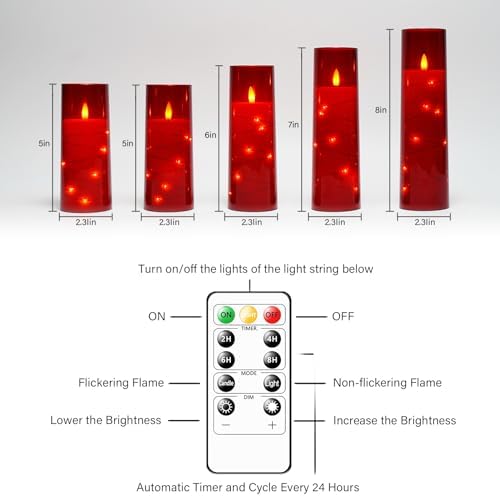 kakoya Flameless LED Candles with Timer 5 Pc Flickering Flameless Candles for Romantic Ambiance and Home Decoration Stable Acrylic Shell,with Embedded Star String，Battery Operated Candles（Red） - Image 5