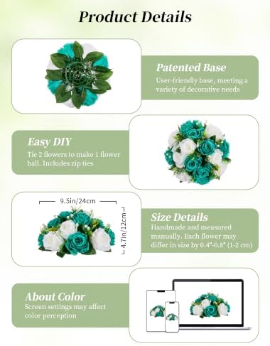 BLOSMON Teal Flowers Artificial Centerpieces: 6 Pcs Fake Roses Flowers Balls for Wedding Dinning Table - Faux Silk Kissing Floral Arrangement for Home Party Event Decor - Image 5