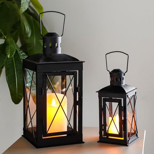 TRIROCKS Set of 2 Decorative Candle Lantern 12'' & 8'' High Metal Candle Holder Hanging Lantern Perfect for Home Decor Patio Living Room Parties Events Tabletop Indoors Outdoors (Black) by TRIROCKS