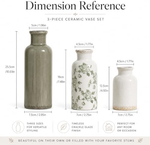 Green Vintage Vase Set of 3, Flower Decorative Vase Home Decor Retro Floral Vase Ceramic Vase Set Chinoiserie Decor for Fireplace Kitchen Counter Living Room (Vintage-Geen) - Image 2