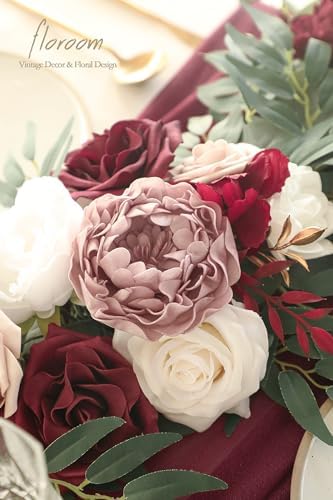 Floroom 6ft Artificial Eucalyptus Garland with Flowers Fake Greenery Faux Floral Vine Garland for Table Decor Wedding Centerpieces Bridal Shower Party Decorations, Burgundy & White - Image 3