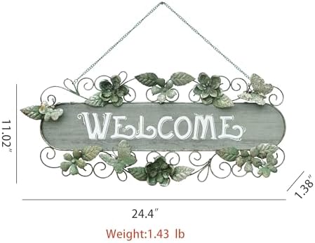 24.4"L Vintage Metal & Wood Hanging Welcome Sign, Rustic Farmhouse Distressed Wall Decor with Flower & Butterfly, Outdoor Decoration for Garden Porch Patio Yard - Image 7