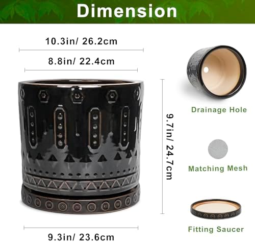 Eightpot Ceramic Planter for Indoor Plants - 10 Inch Plant Pots with Drainage Hole and Saucer, Round Decorative Flower Pots Outdoor, Boho Large Planter, Room Decor, House Warming Gifts, Black - Image 3
