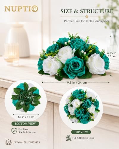 NUPTIO Flower Wedding Centrepieces for Tables - 10 Pcs 9.5in Diameter Teal & White Artificial Flowers Rose Ball for Centerpieces Table - Fake Rose Arrangements for Weddings Birthday Party Decorations - Image 5