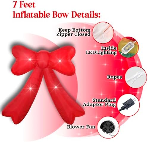 Mother's Day,Birthday,Valentine's Day,Wedding Inflatables Giant Red Bow Lighted Balcony Terrace Porch Yard Lawn Inflatable Decoration with Built-in Fan and Ropes Holiday Party Decor, (7FT-Red Bow) - Image 3