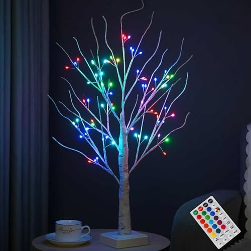 2ft Pre-lit Birch Tree with 72 LED Lights & Remote - RGB Color Changing Fairy Spirit Twinkling Tree for Christmas Decorations Indoor, Holiday, Bedroom, Wedding Decor | USB/Battery Powered by AOLTNRC