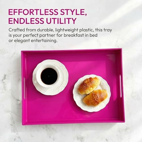 Large Decorative Tray, Rectangular Serving Tray with Handles, Plastic Coffee Table Tray for Ottoman, Living Room, Kitchen Tabletop, Rose Pink, 15.7” x 11.8” x1.6” - Image 5