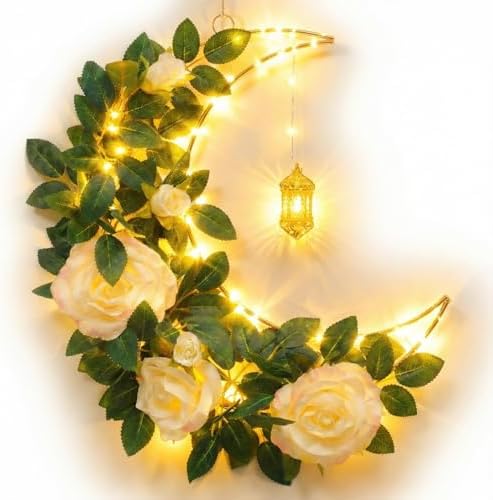 Ramadan 12.6 Inch Moon Wreath with LED Lights, Eid Mubarak Decorations for Home, Hanging Metal Crescent with Artificial Flowers & Greenery, Wall Door Decor for Ramadan Kareem Eid Celebration by Unknown