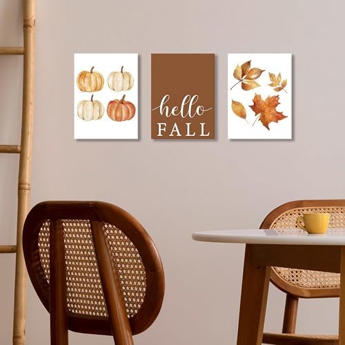 XYHYRA Vintage Fall Wall Art Set of 3, Rustic Farmhouse Seasonal with Hello Fall Sign Canvas Prints Painting, Thanksgiving Pumpkin Kitchen Wall Decor Picture for Living Room Bedroom 12x16 Inch - Image 2