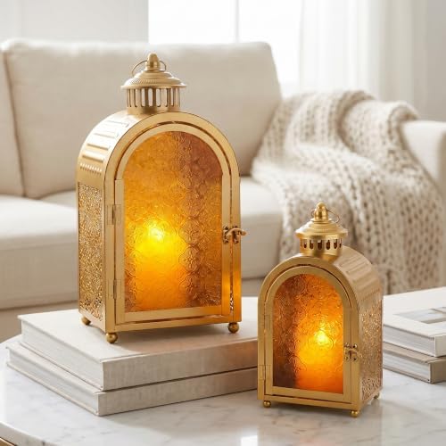 JHY DESIGN 2-Pack Vintage Metal Candle Lanterns with Embossed Amber Orange Glass 15.5'' High Hollow Carved Candle Holder, Portable Hanging Lantern for Home Patio Wedding Holiday Decor（Gold） - Image 4