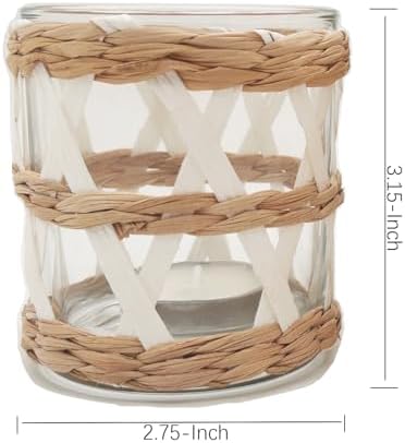 Pack 4 White Woven Rattan Tealight Candle Holders Candle Lantern - Coastal Tropical Glass Tea Light Holder Hurricane, Natural Seagrass Boho Hand Woven Votive Candle Holder - Image 5