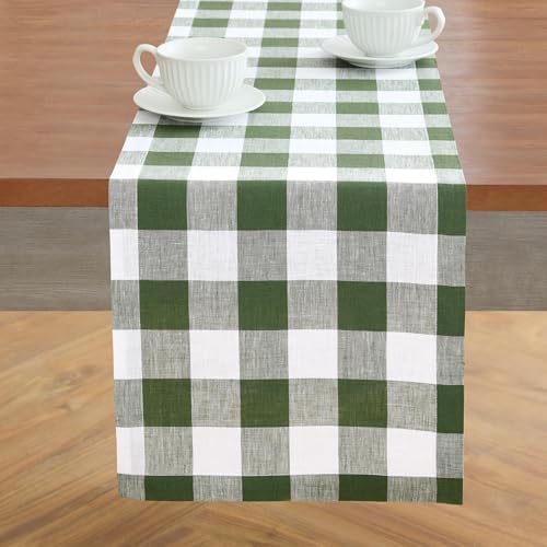 Solino Home 100% Linen Table Runner, 14 x 132 in, Olive and White Check by SolinoHome