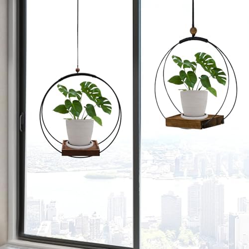 hismocal Hanging Planter for Indoor Plants,Plant Hanger with Sturdy Wood Base & Pot, Modern Boho Macrame Plant Hanger,Wall Ceiling Window Stands(2 Pack+Pots) - Image 6