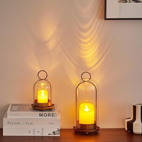 Candle Holder Lanterns, Handcrafted Metal & Glass with Modern Aesthetic Design, Hurricane Pillar Candlestick Holders, Table or Hanging Decorations Set of 2, 5.1" & 4.4" Diameter, Gold - Image 6