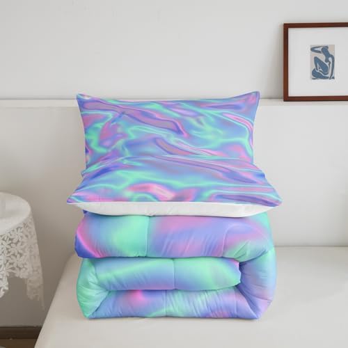 Kids Ombre Gradient Comforter Full, Colorful Tie Dye Bedding Set For Girls, Trippy Green Purple Duvet Insert, Watercolor Pastel Batik Quilt, Gradient Ombre Bedding Comforter Sets With 2 Pillowcases - Image 5
