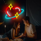 Heart Planet Neon Sign, 12.6" x 10.8" LED Love Heart & Star Ring Wall Light - Image 3