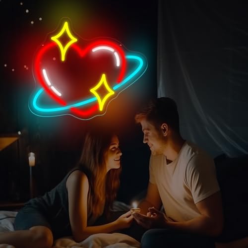 Heart Planet Neon Sign, 12.6" x 10.8" LED Love Heart & Star Ring Wall Light - Image 3
