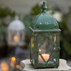 Vintage Green Metal Candle Lantern with Glass 17in Distressed Blue Rustic Large Farmhouse Hanging Candle Holder Lanterns for Indoor & Outdoor Front Porch Table Centerpiece Decor - Image 6