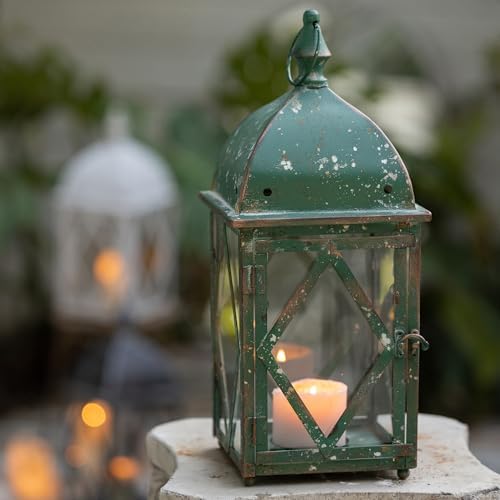 Vintage Green Metal Candle Lantern with Glass 17in Distressed Blue Rustic Large Farmhouse Hanging Candle Holder Lanterns for Indoor & Outdoor Front Porch Table Centerpiece Decor - Image 6