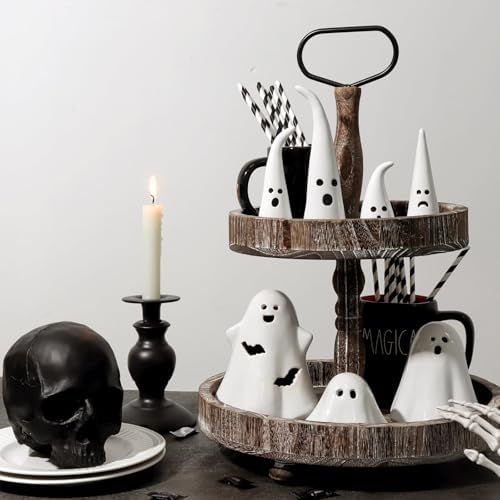 Halloween Decor Ceramic Ghost: 4 pcs Cute Halloween Decorations Indoor, Rustic Witch Hat Shape Ghost Figurine, Farmhouse Table Desk Tiered Tray Mantel Fireplace Decor for Kids Home Office - Image 4