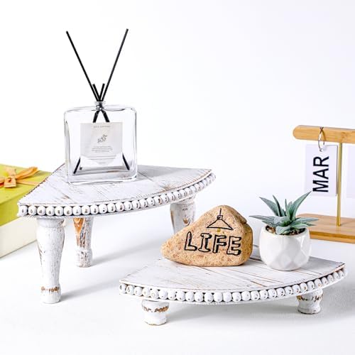 Kigley 2 Tiered Corner Riser for Kitchen Counter Wood Beaded Corner Shelf White Wash Countertop Bathroom Counter Organizer Rustic Decorative Pedestal Stand with Removable Feet for Kitchen Coffee Bar - Image 4