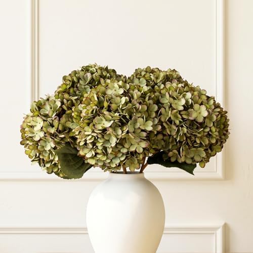 5 Stems Extra Large Green Hydrangea Artificial Flowers, 19 Inch Real Touch by RyddeligHome-AestheticHomeDecor