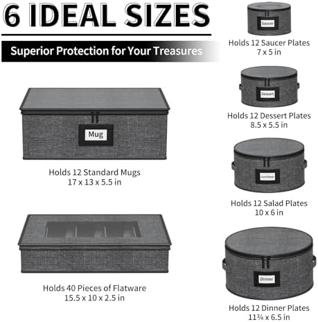 Aokeyee 6-Piece China Storage Containers Set, Hard Shell Moving Boxes for Dishes, Plates, Mugs & Flatware – Dinnerware Organizer with Soft Felt Dividers, Sturdy Handles & Zippers, Grey - Image 2