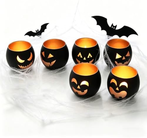 SHMILMH Halloween Table Centerpiece Candle Holders Set of 12, Black and Gold Glass Votive Holder with 6 Grimace, Tealight Holders Bulk for Halloween Party Decor - Image 7
