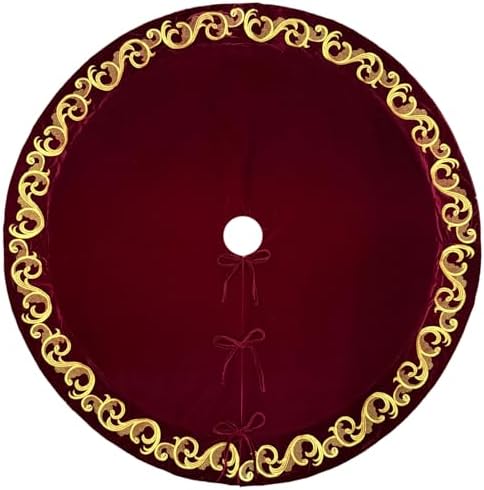 60-Inch Velvet Christmas Tree Skirt with Golden Swirl Embroidery and Lace Tie Closures, Burgundy - Image 2