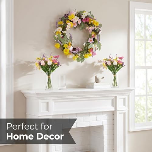 22in Faux Tulip Spring Sumemr Wreath, Artificial Tulip and Lavender Wreath with 2 Matching Bouquets, Fake Flower Door Wreath with Real Rattan Base, Front Door Home Decor Mother's Day - Image 6