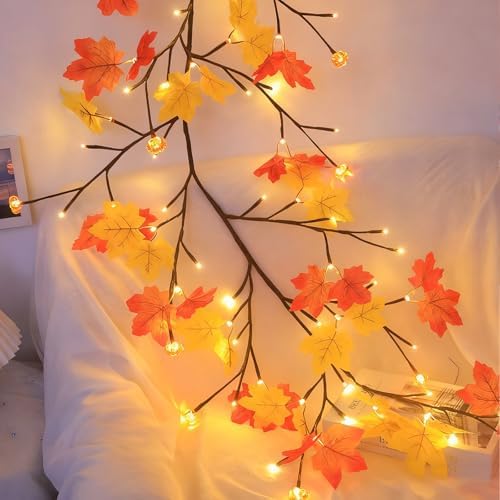 Maple Leaf LED Tree Branch Lights for Wall, Maple Leaf Lights Twig Decor Garland with144 LED Lights and USB Powered, 8 Lighting Modes or Autumn Table Fireplace Porch Thanksgiving Indoor Decor (91in) - Image 6
