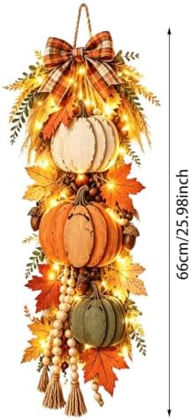 Rustic Harvest Wooden Door Hanger, Pumpkin Maple Fall Bowknot Wall Hanging Sign with Light Autumn Wreath Decorations, Wreath Farmhouse Porch Front Door Home Gift (Orange#3) - Image 7