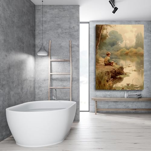 Vintage Boys Room Art,Boy By Pond Poster,Summer Decor Print,Boys Artful Nursery Print Painting,Vintage Prints of Children Playing,Vintage Art for Boy Nursery Bedroom Decor16x24inch Framed Art - Image 2