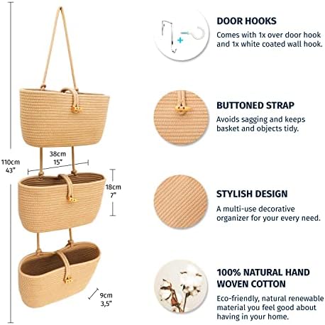 OrganiHaus Over the Door Organizer, Woven Rope Hanging Baskets, 3-Tier - Image 2