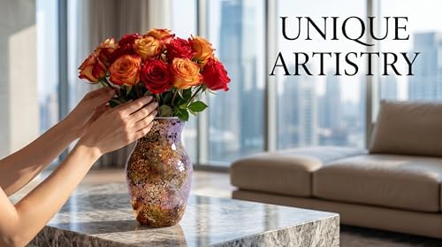 8" Amber Mosaic Vase with Gold Accents, Hand-Pasted Byzantine Glass Flower Vase, Vintage Decorative Centerpiece for Living Room, Foyer & Office - Image 5