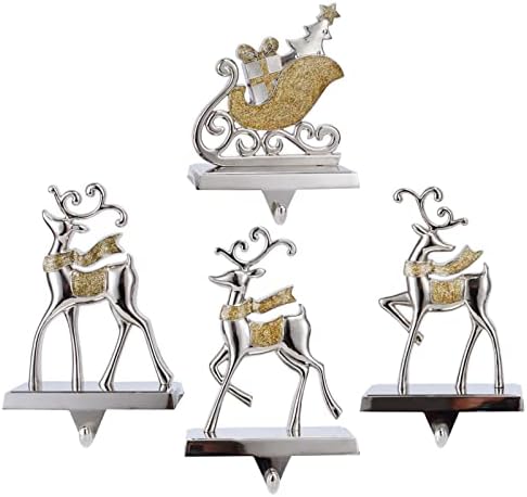 Set of 4 Deer Christmas Stocking Hangers for Mantel Xmas Stocking Hooks for Fireplace Mantle,Metal Free Standing Indoor Sleigh Stocking Holder for Christmas Decorations (Reindeer and Sleigh Set) - Image 3