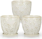 Hollyone Set of 3 White Ceramic Planter 6 Inch Flower Plant Pot with Drainage Hole and Saucer for Plants Embossed Indoor Outdoor Garden Embossed Ceramic Glazed Round Pot for Succulent Orchid - Image 7